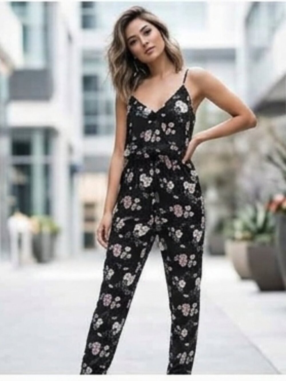 Forever 21 Lorena Rose Size S Black Rose Print Elastic Waist Pockets Jumpsuit
